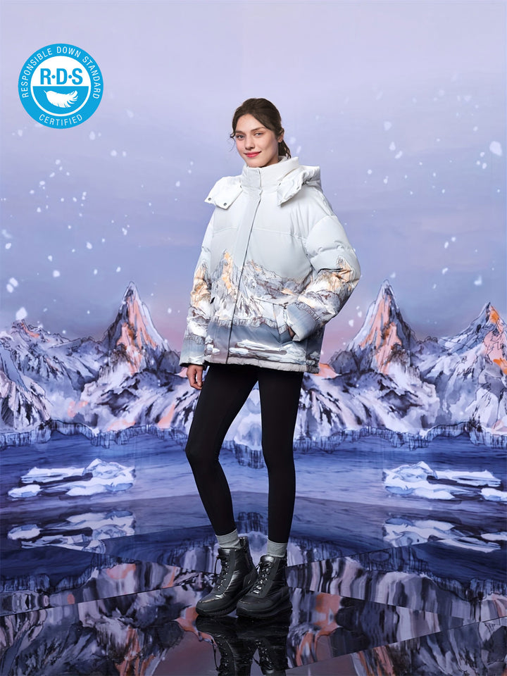 TANBOER Short  Women Thickened Hooded Puffer Coat with Printing - Tanboer