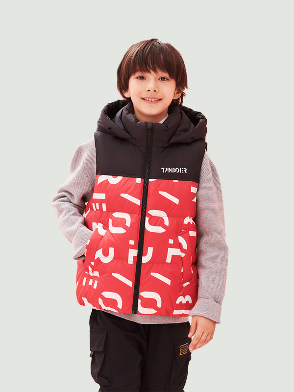 TANBOER Children's Hooded Printed Patchwork Down Vest
